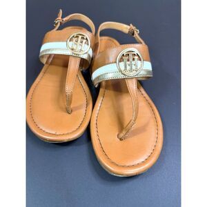 Tommy Hilfiger Brown Gold Logo Thong T-Strap Sandals Women's 8.5 M